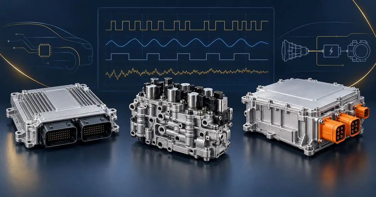 Illustration of an engine ECU, transmission mechatronic unit and EV inverter beside diagnostic waveforms