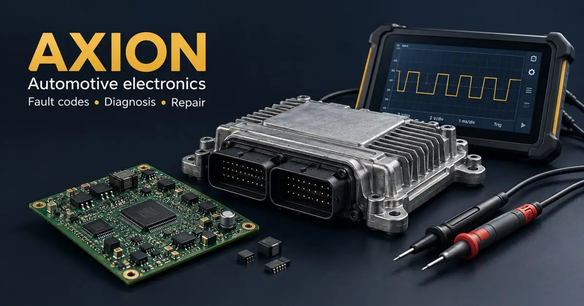 Illustration of an ECU, circuit board and diagnostic waveform in AXION navy and gold