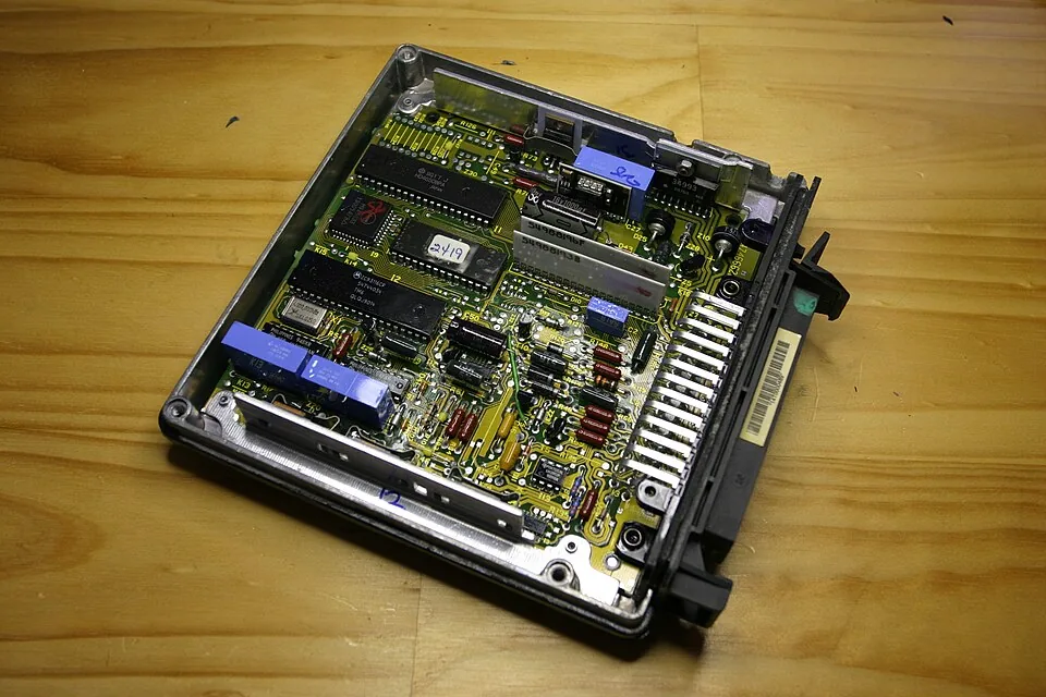 Opened Lucas 14CUX engine control unit showing the circuit board and components